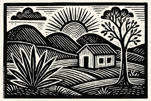 Landscape with cacti, tree, mountains, house and sun. Brazilian northeast cordel vector illustration. Woodcut style. Black and white