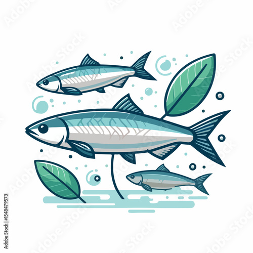 image of small sardines in a school with a simple and minimalist flat design using a white background