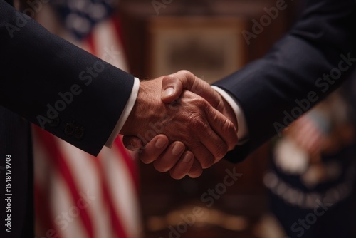Two hands firmly shake in a symbolic gesture of agreement. The background features an American flag, suggesting a formal diplomatic meeting. The atmosphere conveys seriousness and unity.
