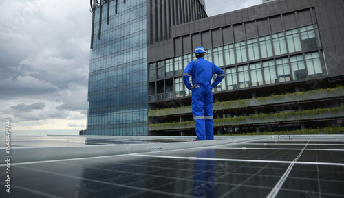 Professional solar engineer installation and inspection the solar panel of solar roof system , verifying system integrity, green renewable energy or sustainable energy concept
