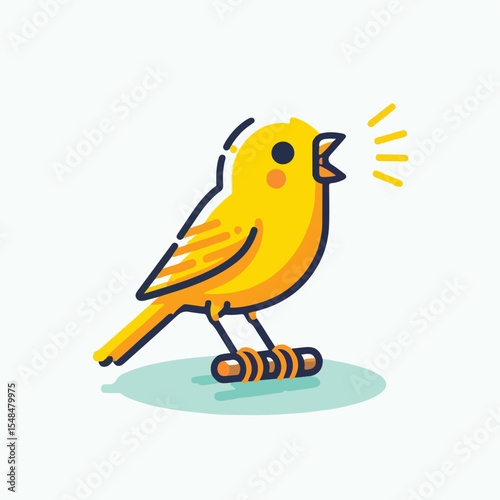 Image of a small canary chirping in bright yellow with a simple and minimalist flat design using a white background