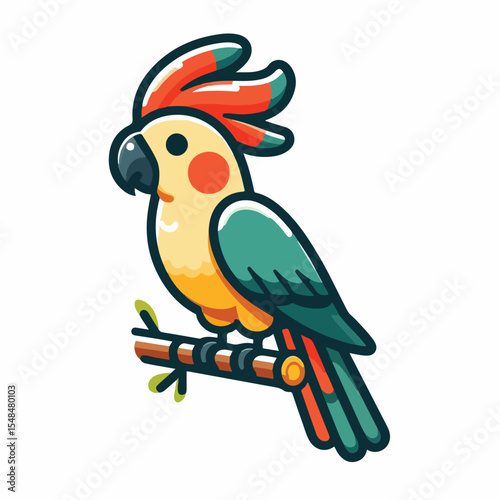 image of a crested cockatoo standing on a branch with a simple and minimalist flat design using a white background