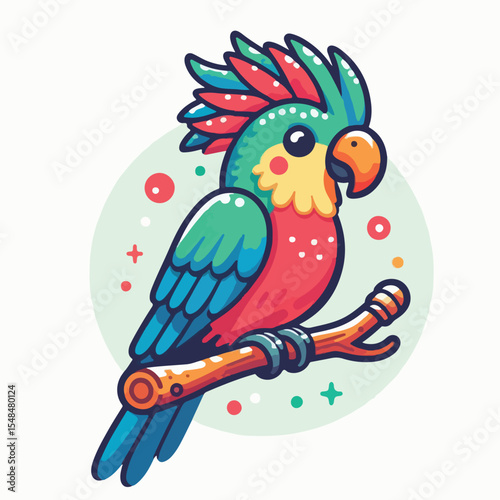 image of a crested cockatoo standing on a branch with a simple and minimalist flat design using a white background