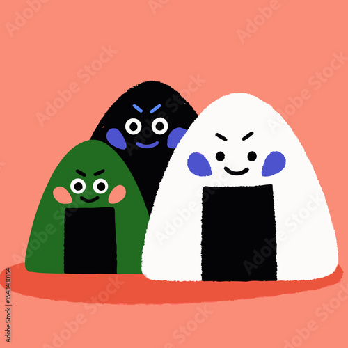 Cute onigiri rice balls with faces. Funny rice ball characters with seaweed on pink background.