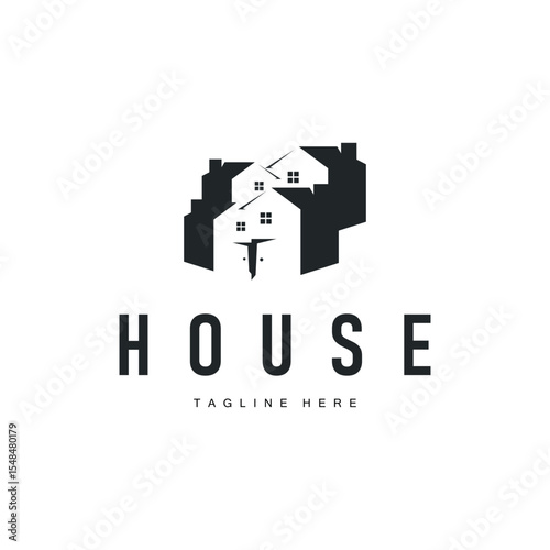 house logo concept with a simple modern minimalist concept as a symbol of a house building, architectural illustration of a business brand, product or poster template