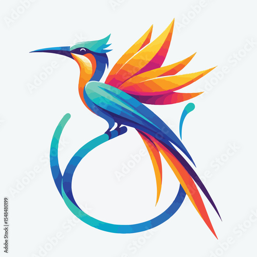 Bright colored long-tailed bird of paradise image with simple and minimalist flat design using a white background