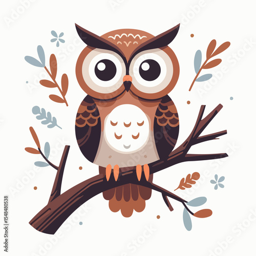 image of an owl sitting on a tree branch with a simple and minimalist flat design using a white background