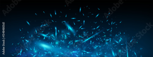 Blue fire smoke and light with icy sparkle and glowing flame. Abstract dark background with dust, fog and flying embers. Neon energy effect in realistic 3D vector style. Perfect for game or wallpaper.