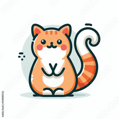 image of a cat sitting in a cute pose with a curled tail with a simple and minimalist flat design using a white background