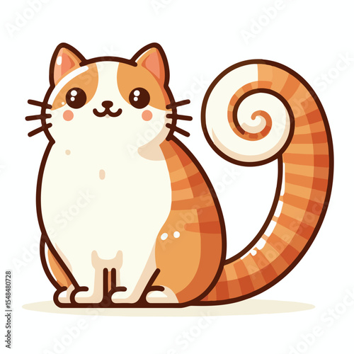 image of a cat sitting in a cute pose with a curled tail with a simple and minimalist flat design using a white background