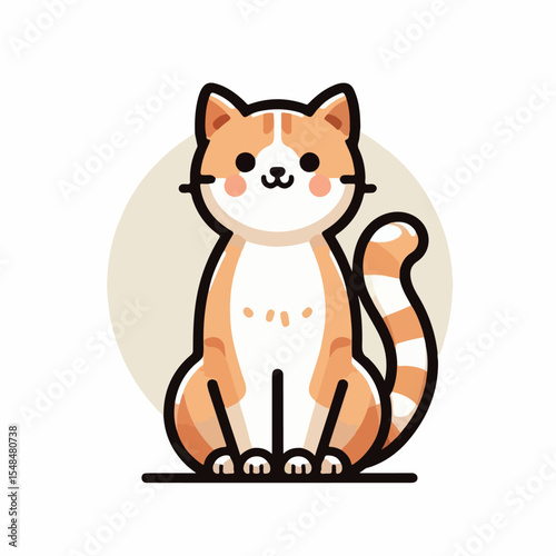 image of a cat sitting in a cute pose with a curled tail with a simple and minimalist flat design using a white background