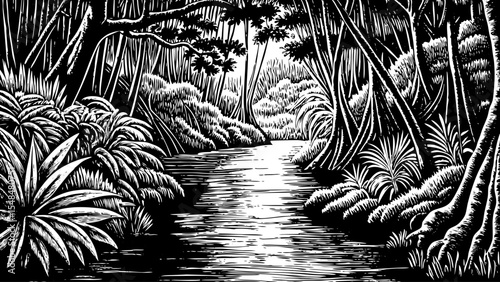 Jungle river surrounded by tangled roots, vines, and exotic plants, a black and white sketch vector