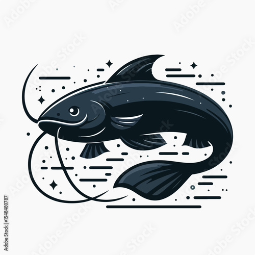 image of a long-nosed catfish with a dark body with a simple and minimalist flat design using a white background