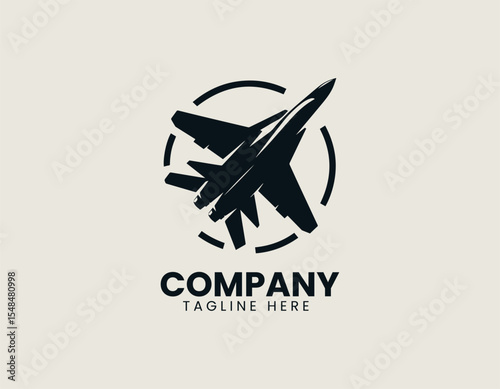 Stylized vector logo of jet fighter aircraft in tactical sharp winged silhouette design