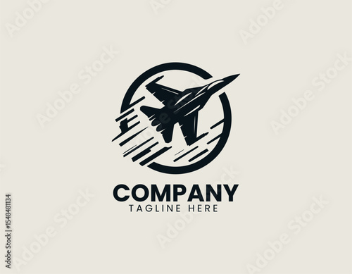 Stylized vector logo of jet fighter aircraft in tactical sharp winged silhouette design