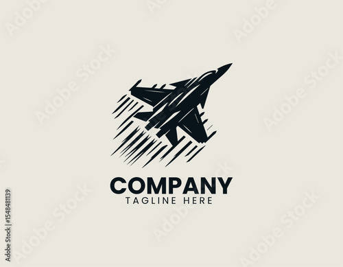 Military jet fighter flying in fast motion vector logo illustration for aviation branding