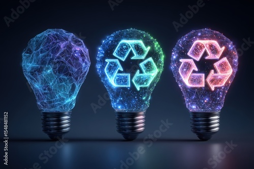 Three light bulbs display vibrant designs representing recycling symbols. Each bulb features a unique color scheme, showcasing creativity in sustainable energy solutions.