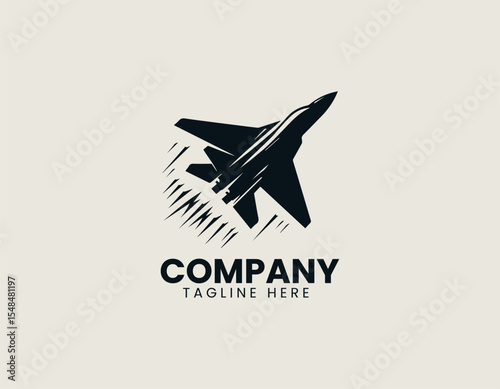 Military jet fighter flying in fast motion vector logo illustration for aviation branding
