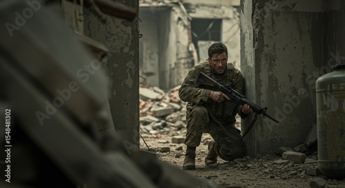 Combat Soldier in Ruins: A soldier kneels in the rubble of a destroyed building, rifle held ready, his expression reflecting the intensity and danger of his situation.