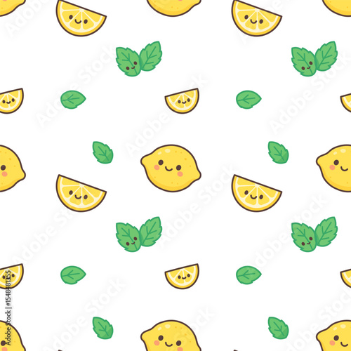 A seamless summer pattern featuring whole lemons, citrus slices, and mint leaves in a cute kawaii style. Bright, minimal, and fresh design perfect for packaging or textiles.