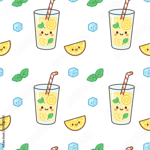 Cute seamless pattern featuring lemonade glass with citrus slices, ice cubes, and mint leaves in kawaii flat style. Perfect for summer packaging, digital backgrounds, and textile prints.
