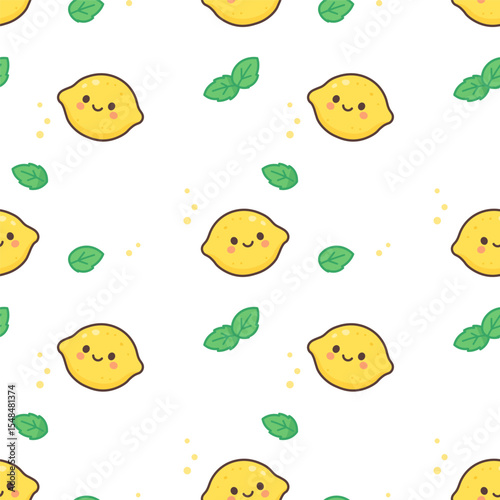 Seamless repeating pattern featuring whole lemons and mint leaves in a kawaii and minimal flat style. Perfect for summer-themed packaging, fabric, and digital backgrounds.