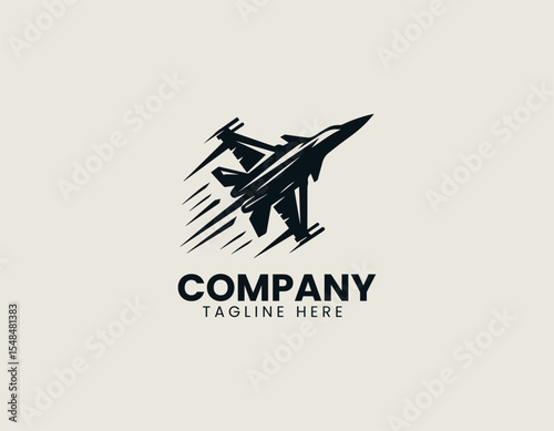 Silhouette of jet fighter aircraft in dynamic flight position modern vector logo design