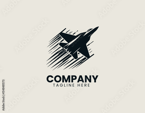 Fighter jet vector logo with modern flat design style representing speed and military power