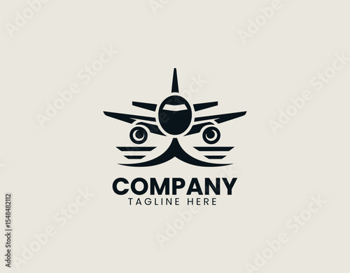 Modern commercial aircraft flying through clouds vector logo in minimal flat design style