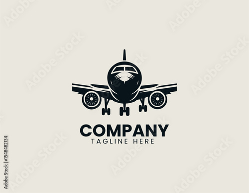 Modern commercial aircraft flying through clouds vector logo in minimal flat design style