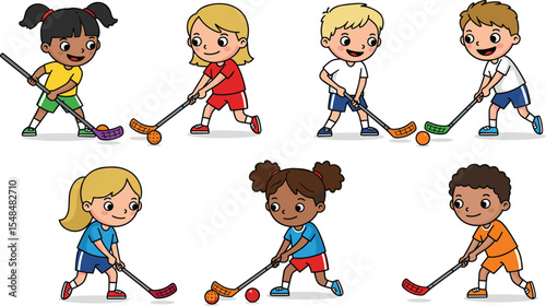 Diverse Kids Playing Field Hockey with Sticks and Balls, Promoting Sportsmanship and Active Play
