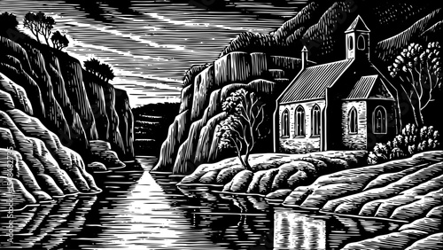 Riverside monastery built on a cliff edge overlooking serene waters, a black and white sketch vector