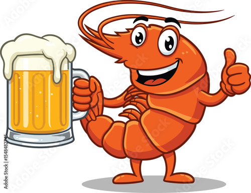 Happy Red Shrimp Character Holding a Beer Mug and Giving Thumbs Up, Perfect for Seafood and Pub Themes.