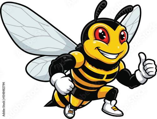 Happy Strong Bee Cartoon Character Giving Thumbs Up, Symbolizing Hard Work, Success, and Positivity