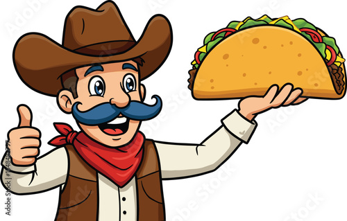 Cheerful Cowboy Character with Moustache and Sombrero Holding a Delicious Taco, Representing Mexican Food.