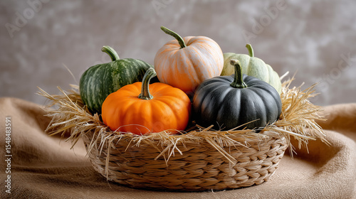 Wallpaper Mural Vibrant pumpkins arranged artistically in a woven basket with straw. Neutral textured background enhances seasonal charm. Concept of autumn celebrations, home decor, harvest festivals Torontodigital.ca