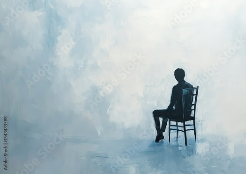A solitary figure sits in a chair, contemplation in a muted palette