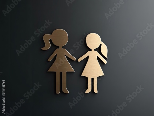 Two stylized gold girls holding hands against dark background