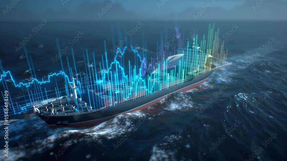 A visualization of a ships operational efficiency illustrated with animated graphics showing the relationship between torque sensor data and fuel consumption set against a backdrop