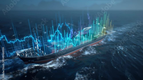 A visualization of a ships operational efficiency illustrated with animated graphics showing the relationship between torque sensor data and fuel consumption set against a backdrop