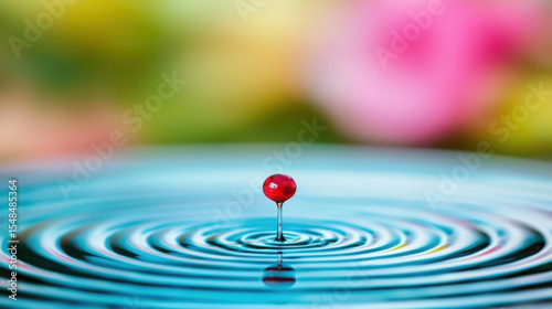 Close-Up of Red Droplet Creating Ripples in Blue Water Surface