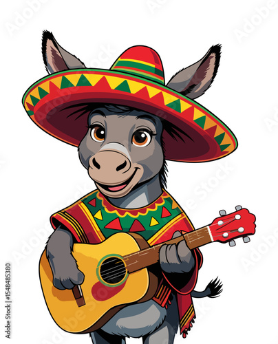 Cartoon Donkey Playing Guitar in Traditional Mexican Costume with Sombrero