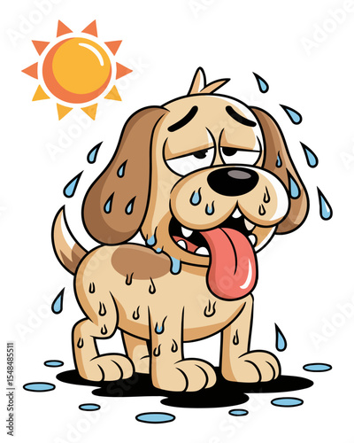 Sweaty Cartoon Dog Showing Signs of Heat Exhaustion with Sun Overhead