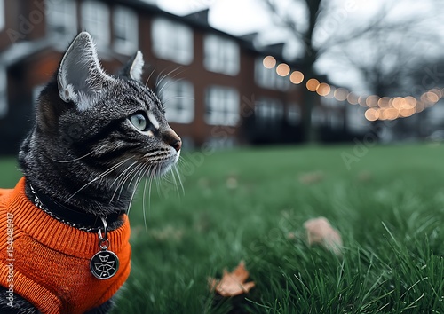 Tabby cat wearing an orange sweater outdoors