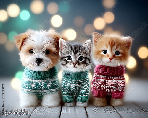 Adorable pets in sweaters, holiday bokeh