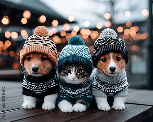 Adorable puppies and kitten in winter hats and sweaters