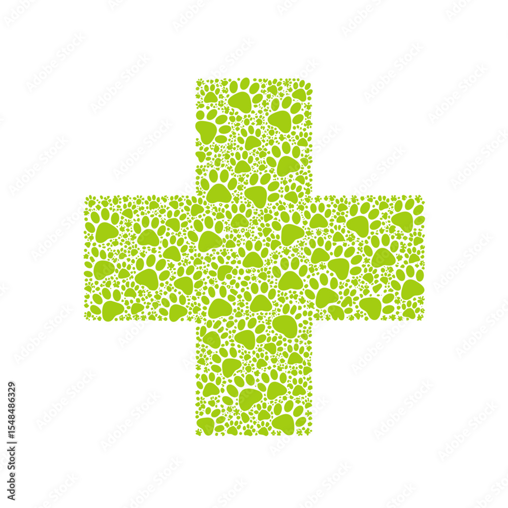 Obraz premium Veterinary green cross made of paw prints for pet clinic and animal care design