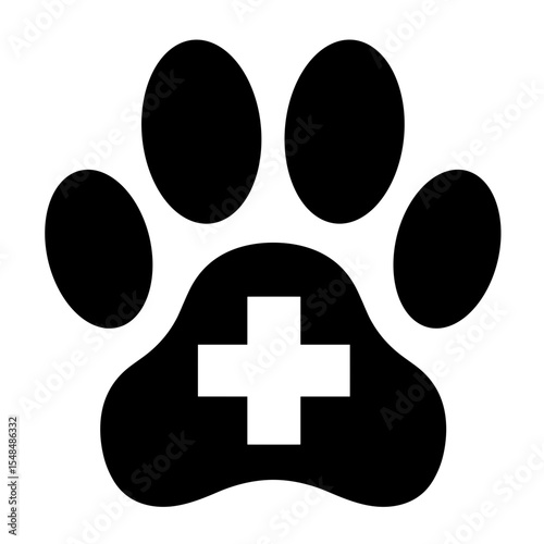 Black paw icon with white medical cross for veterinary and pet care design