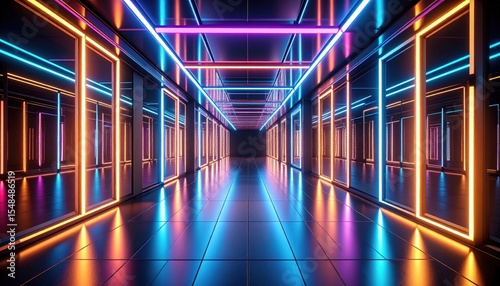 Neon Glowing Tunnel Corridor with Colorful Lights