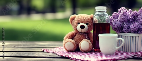 Teddy bear, drink, flowers, picnic